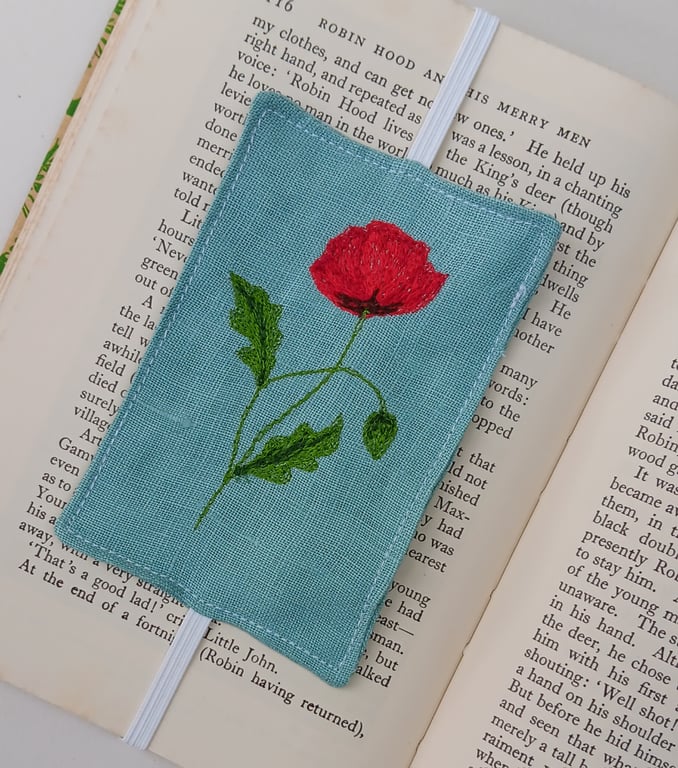 Elasticated Bookmark with Embroidered Poppy
