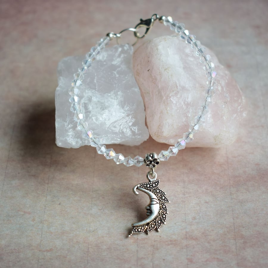 Dainty Crescent Moon Bracelet with Clear Glass Beads