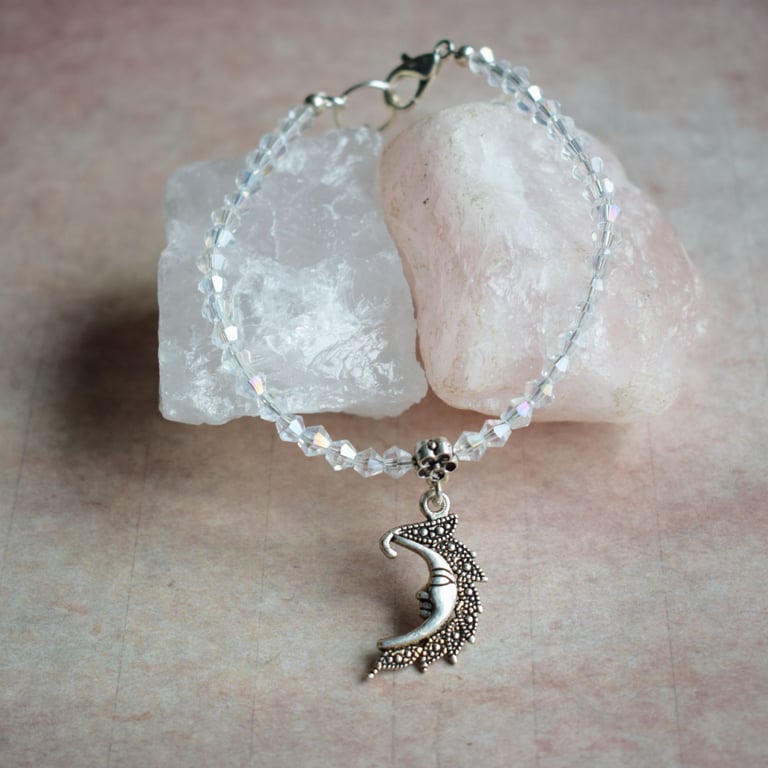 Dainty Crescent Moon Bracelet with Clear Glass Beads