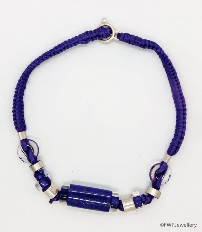 Purple Silk Necklace with Glass and Lapis Beads