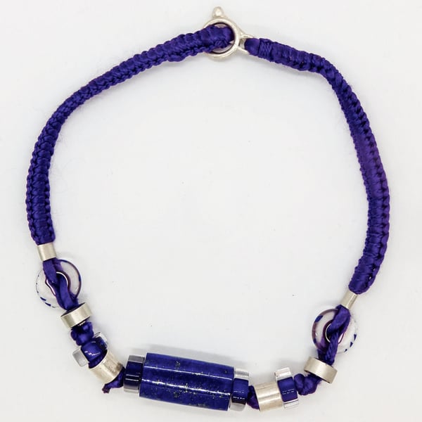 Purple Silk Necklace with Glass and Lapis Beads