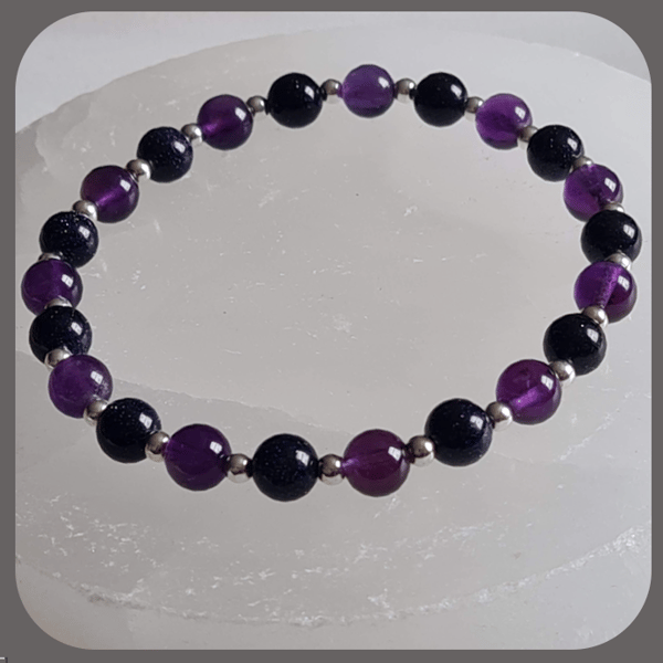 Amethyst, Blue Goldstone and sterling silver stacker bracelet