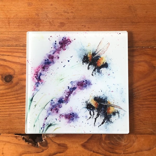 Lavender Bees Watercolour on a 20cm Square Glass Trivet, 