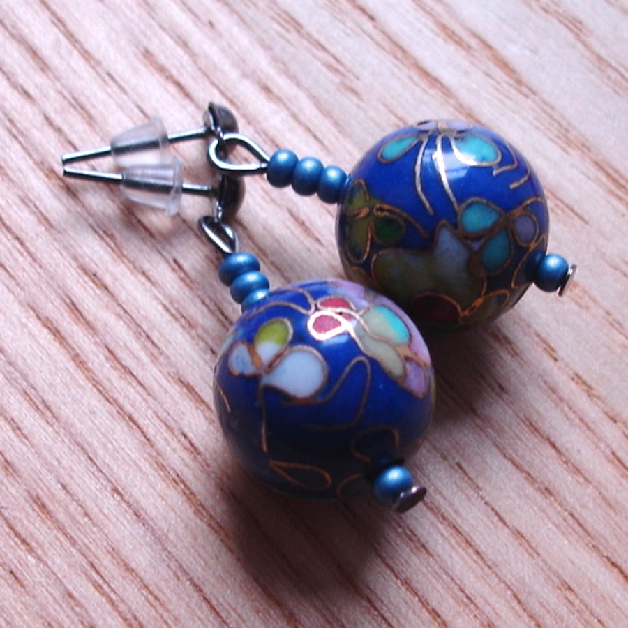 Blue Cloisonné Enamel Bead Stud Earrings