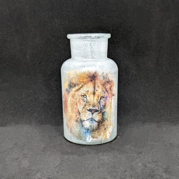 Handcrafted, Decoupage, small glass vase decorated with images of a Lion