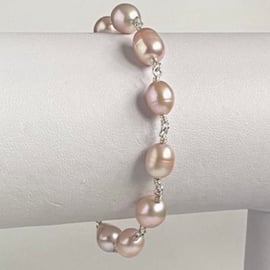 Sterling Silver Freshwater Cultured Rosary Linked Pearl Bracelet 