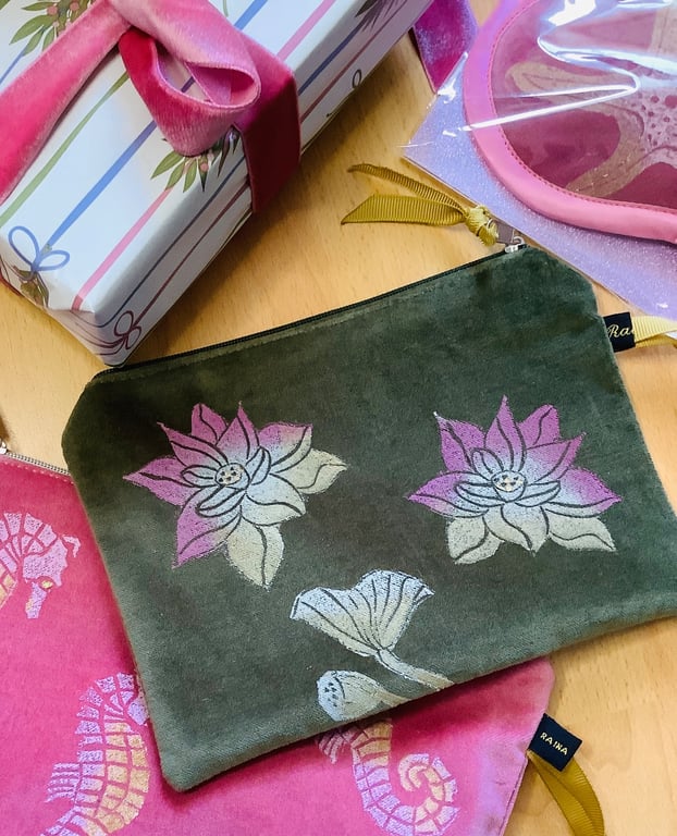 Lotus Flower Velvet Pouch, Olive Green Small Makeup Bag, Hand Printed Gift 