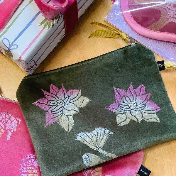 Lotus Flower Velvet Pouch, Olive Green Small Makeup Bag, Hand Printed Gift 