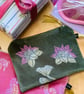Lotus Flower Velvet Pouch, Olive Green Small Makeup Bag, Hand Printed Gift  - Image 1