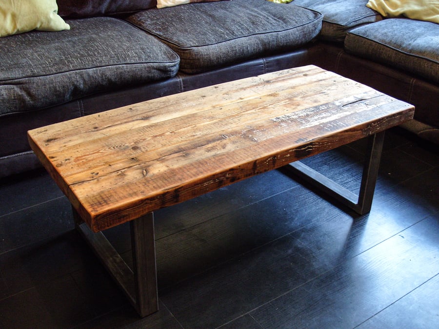 Coffee Table with Steel Box Section Legs & Rustic Reclaimed Chunky Scaffold Boar