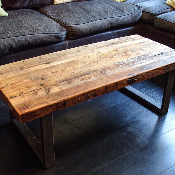 Coffee Table with Steel Box Section Legs & Rustic Reclaimed Chunky Scaffold Boar