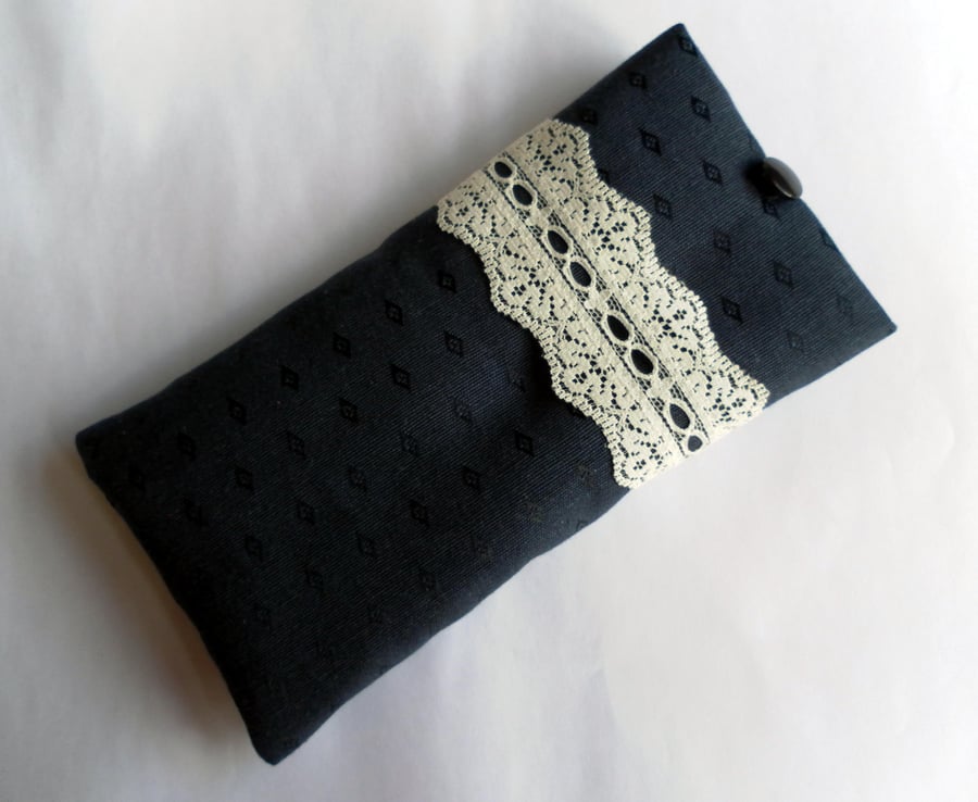 Glasses case, Navy with Cream Lace Trim
