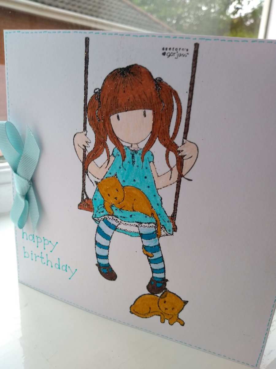 Personalised Gorjuss blue girl on swing birthday card