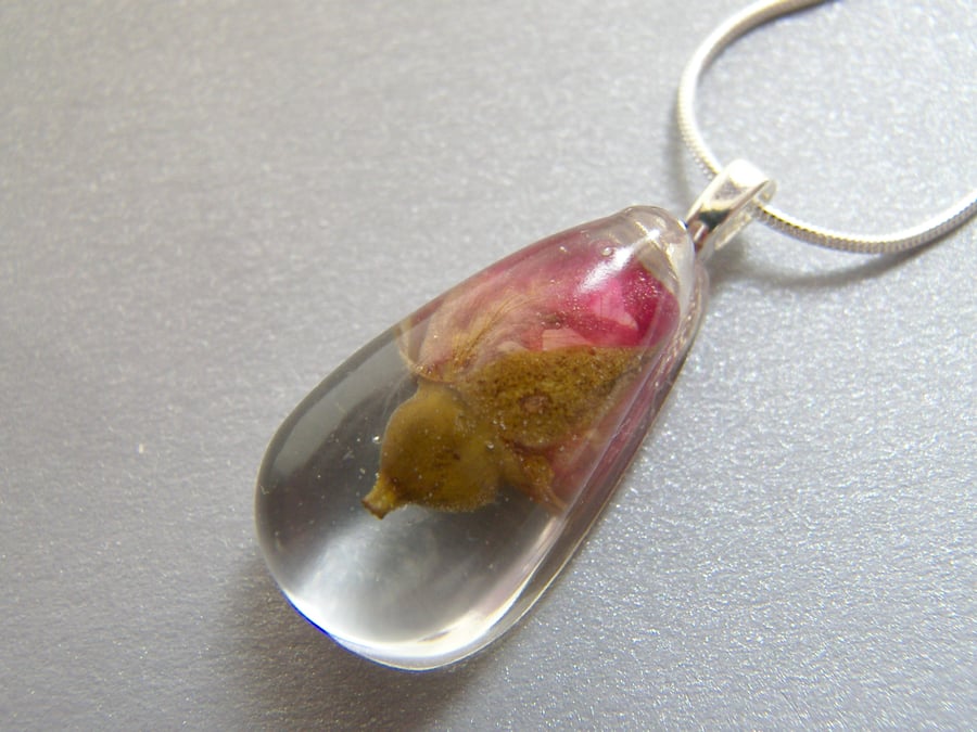 Real Red Rose Bud Teardrop Necklace in Resin - ROSES ARE RED
