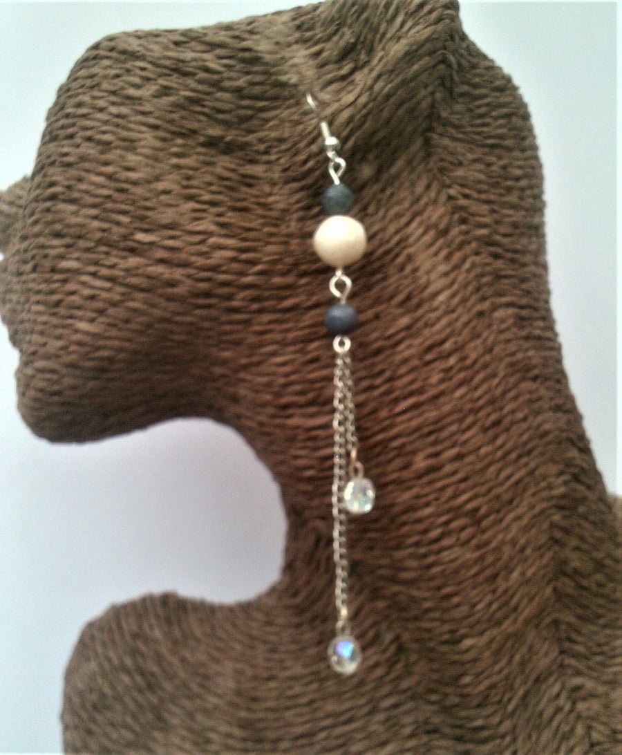 Long White Freshwater Pearl Earrings with Blue Lapis Lazuli Gemstones