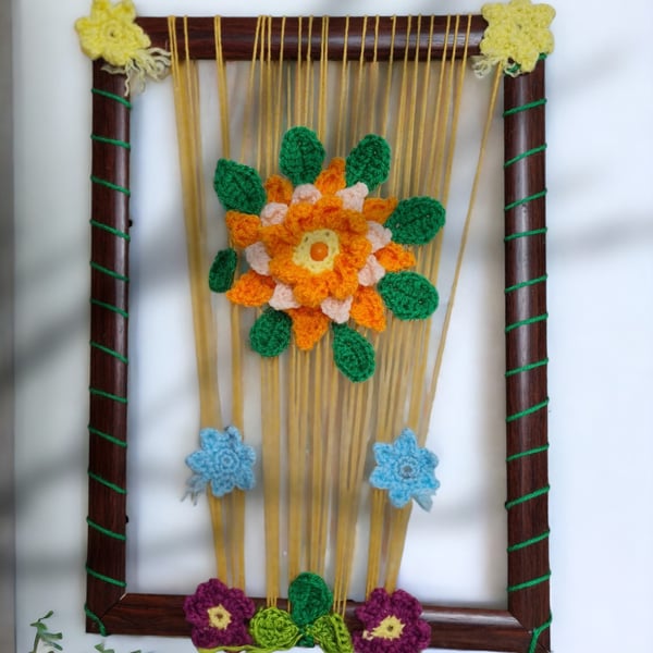 wood frame with crochet flowers