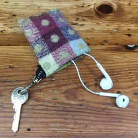 Spotted tweed wool card holder & key clip, travel, oyster card, earphone tidy