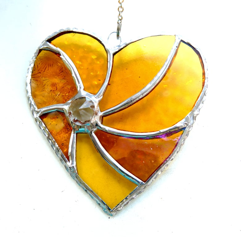 Golden Wedding Heart Swirl Stained Glass Suncatcher Handmade Gold  Anniversary
