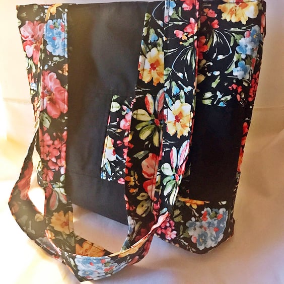 Patchwork Shoulder Bag, Black Floral Print , Eco Friendly Reusable Cotton Bag