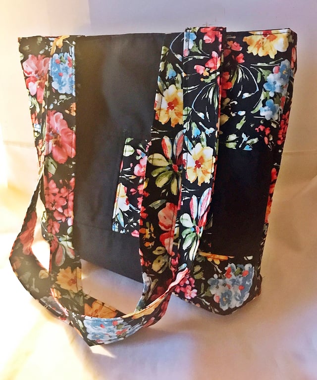 Patchwork Shoulder Bag, Black Floral Print , Eco Friendly Reusable Cotton Bag