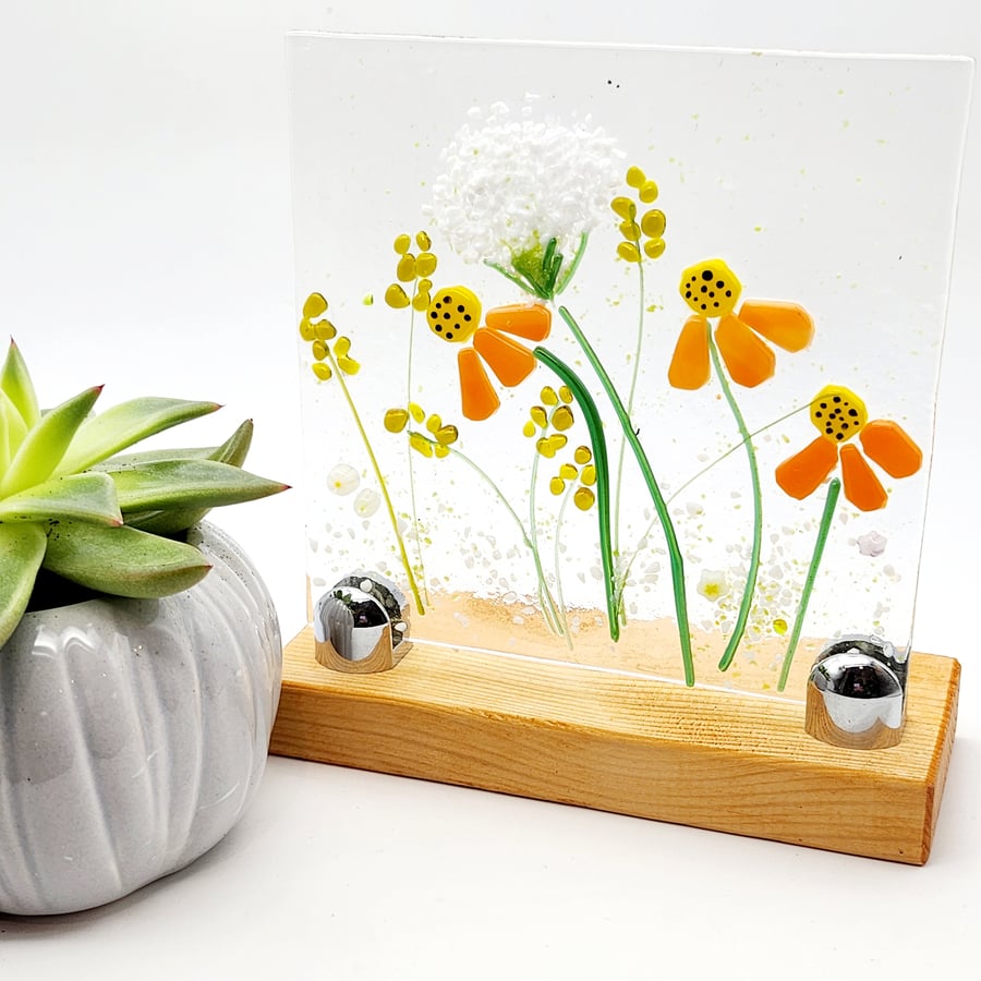 Fused Glass Floral Meadow Picture on Wooden Stand