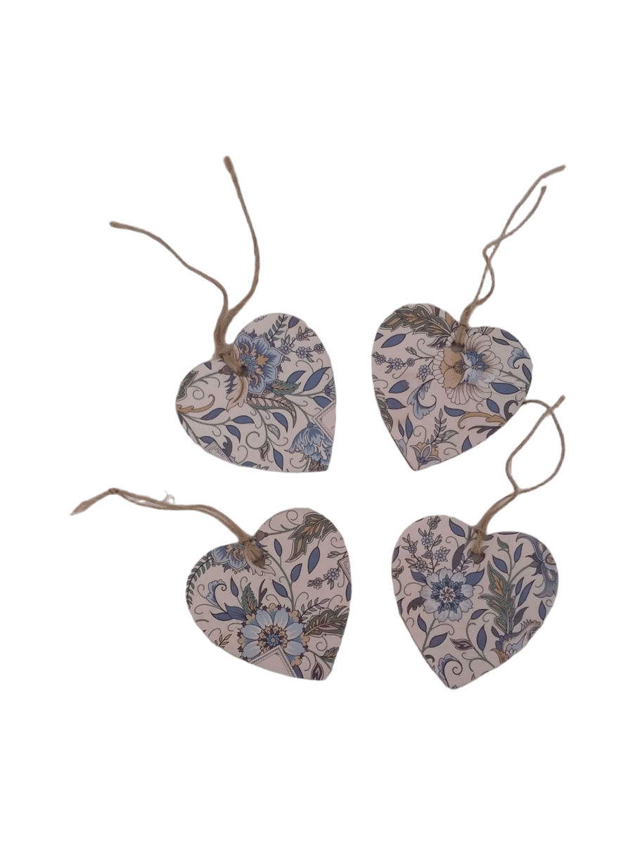 Set of 4 wooden blue floral decoupaged hearts