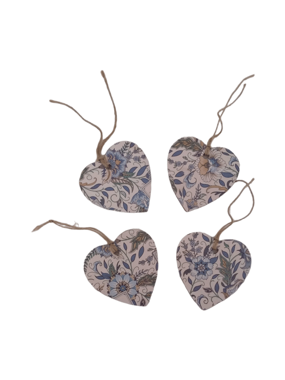 Set of 4 wooden blue floral decoupaged hearts