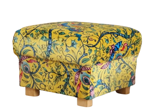 Emma Shipley Rousseau Lime Fabric Storage Footstool Velvet Pouffe Yellow Birds