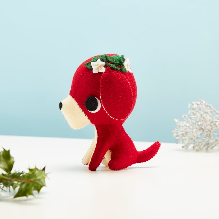 Cute Christmas dog ornament with Christmas Rose and foliage flower crown