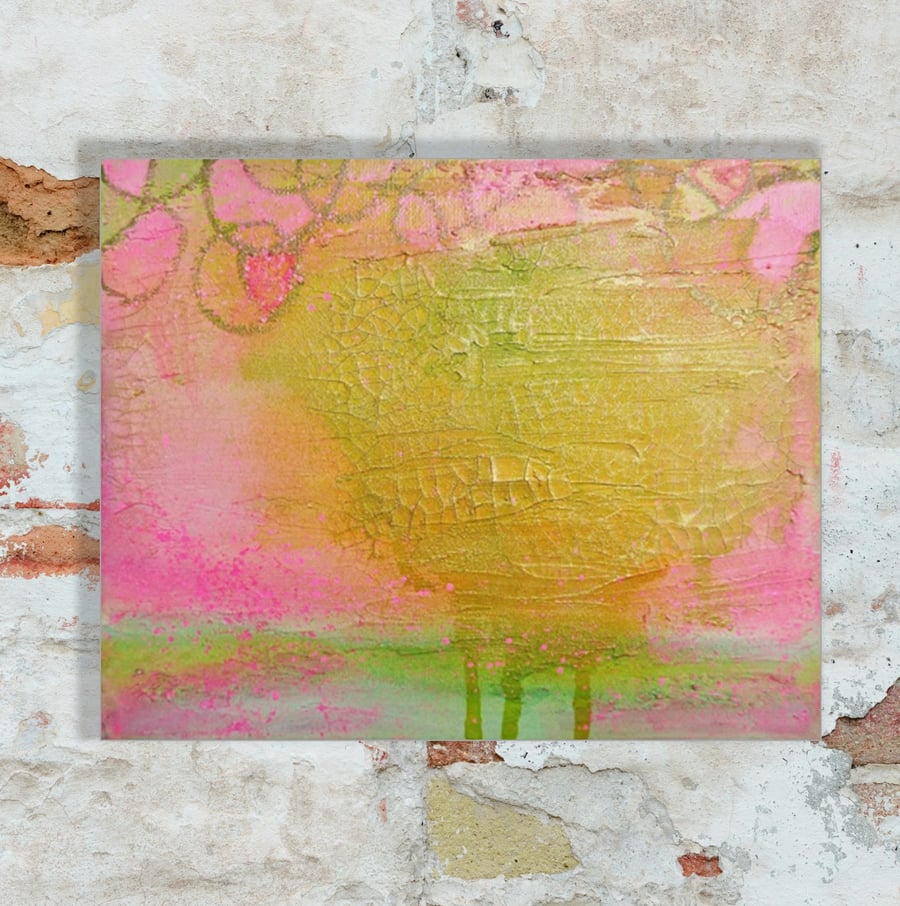 Pink Yellow Green Abstract Art Minimalist Canvas Painting Textured Surface 12x10