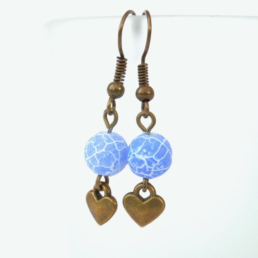 Blue agate gemstone bronze earrings, with heart charm