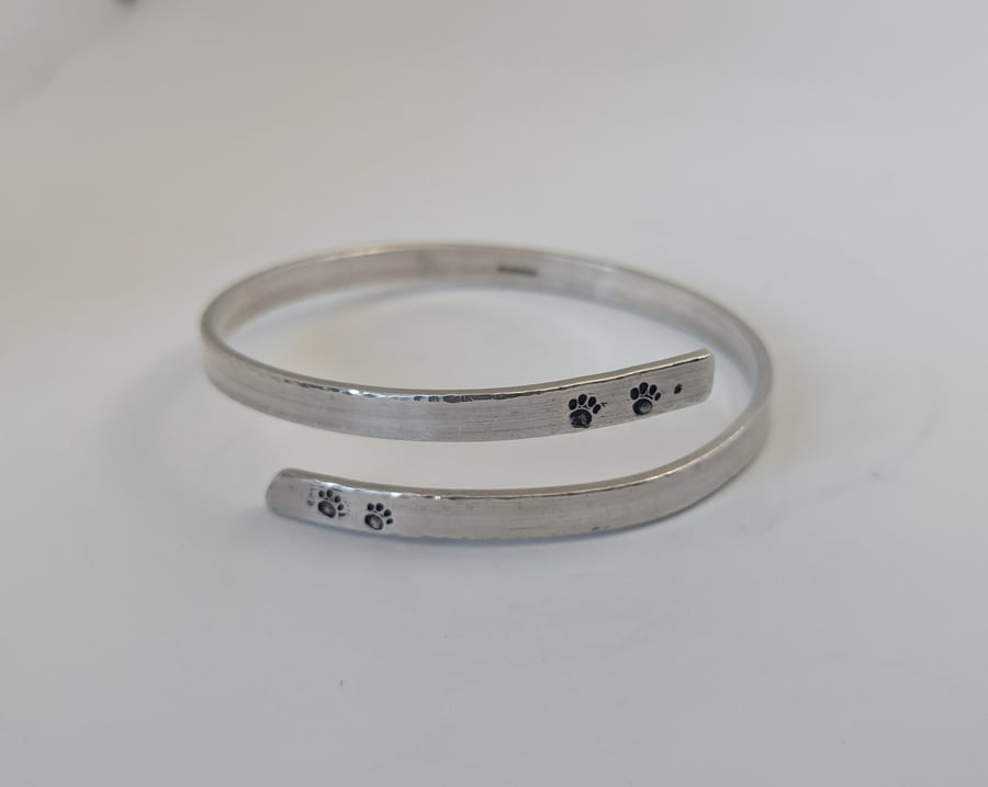Sterling Silver Bangle, hand-stamped with paw prints