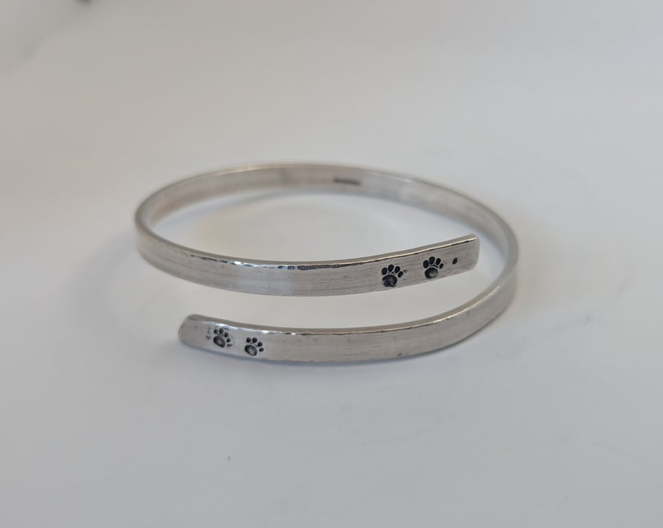 Sterling Silver Bangle, hand-stamped with paw prints