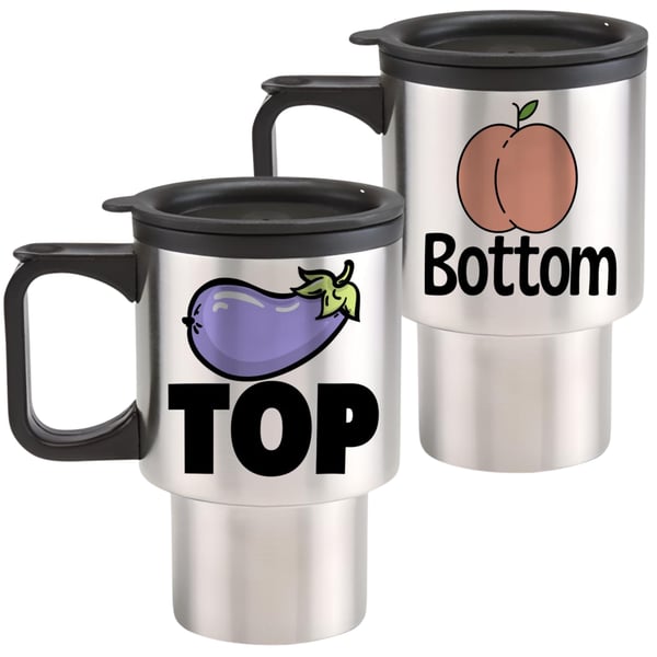 Gay Couples Funny Set of 2 Travel Mugs Gay TOP and Bottom Travel Mugs