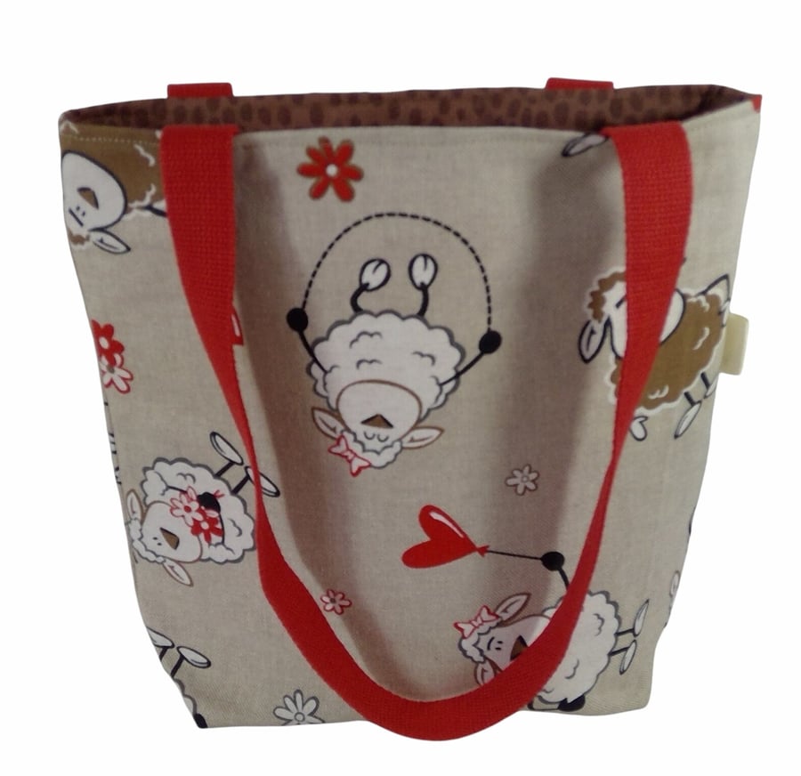 small sheep knitting tote bag, mini lined tote, small canvas shopping bag, girls