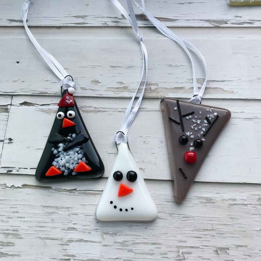 Fused glass Christmas decorations set of three, Rudolph, penguin, snowman