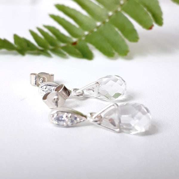 Faceted quartz stud drop earrings sterling silver sparkle
