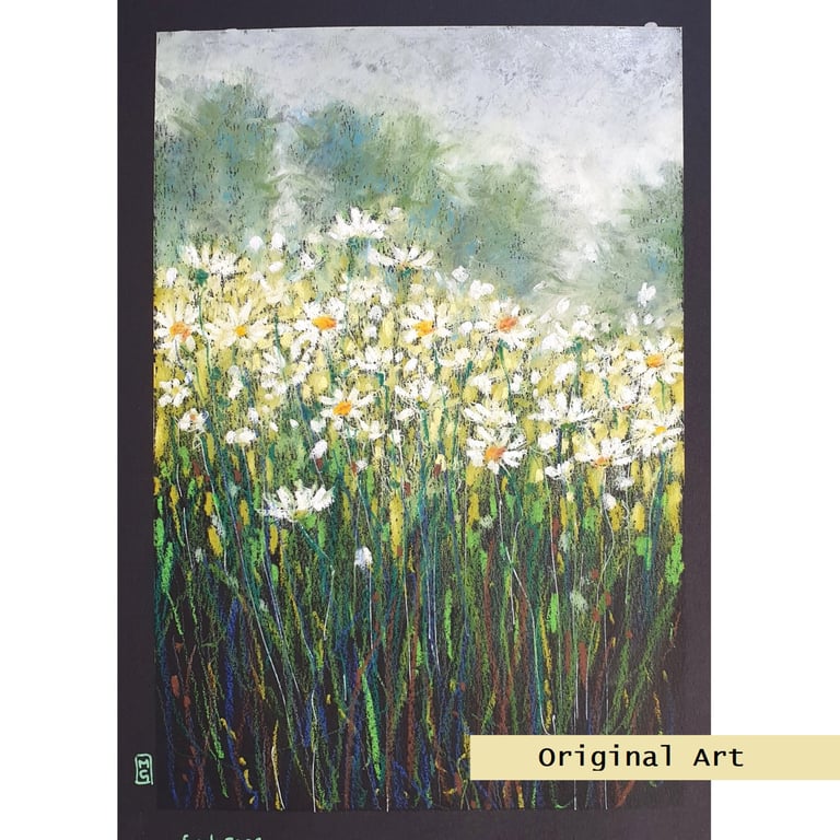 A Patch of Oxeye Daisies original oil pastel painting, floral landscape wall art