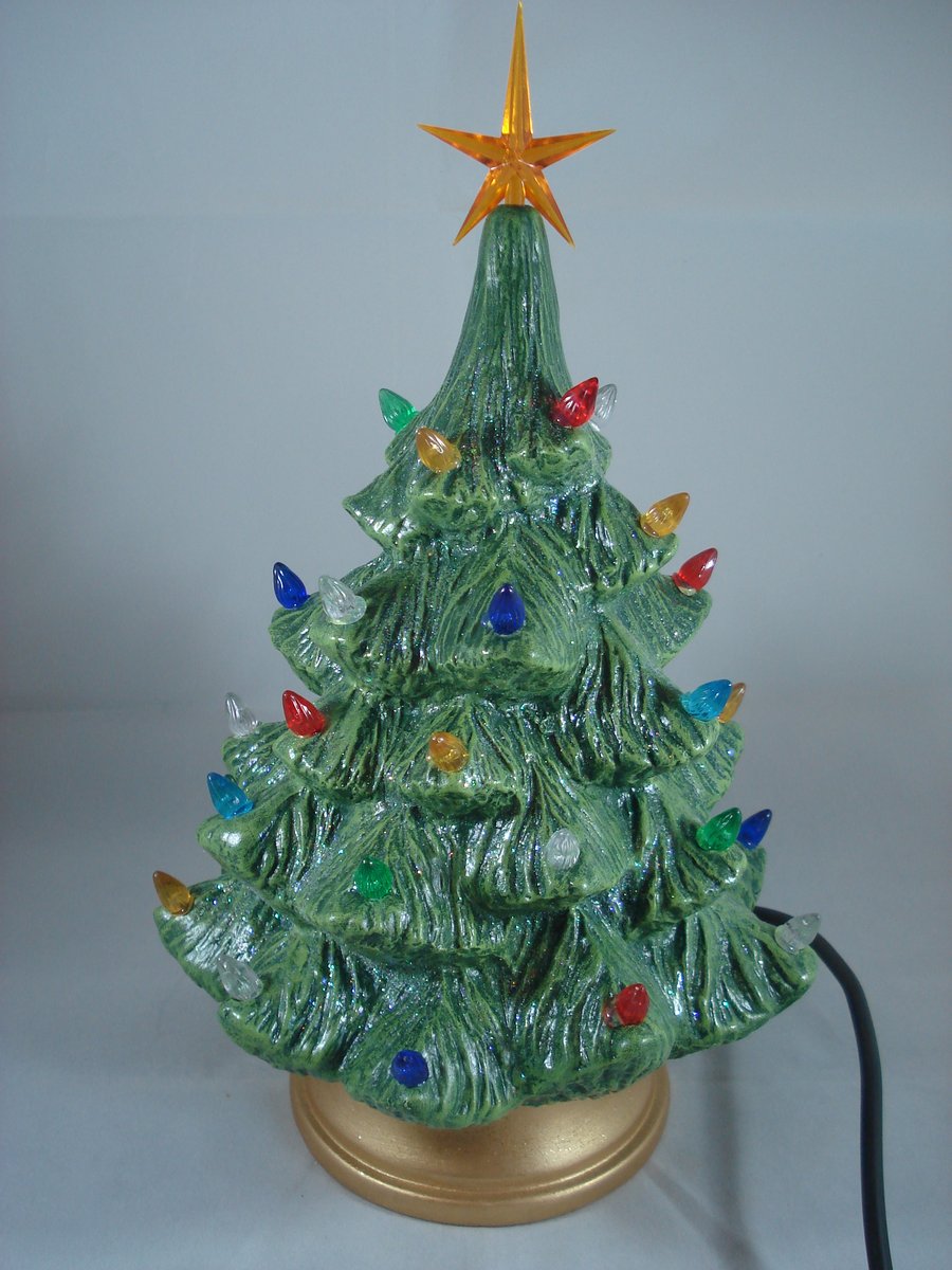 Green Ceramic Glittery Xmas Christmas Tree Table Lamp Light Ornament Decoration.
