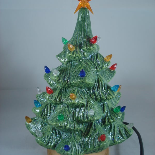 Green Ceramic Glittery Xmas Christmas Tree Table Lamp Light Ornament Decoration.