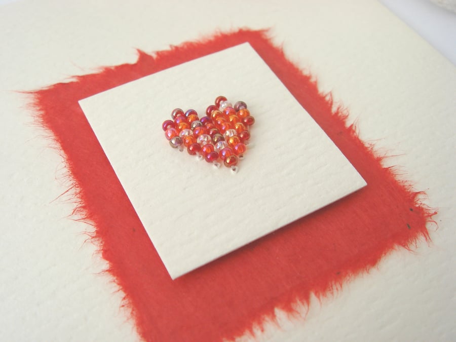 Beaded Heart handmade Card - red