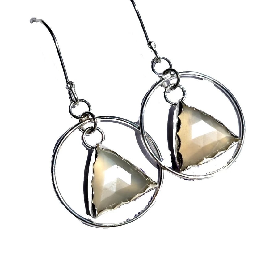 Handmade Rose Cut White Moonstone Gemstone Sterling Silver 925 Dangly Earrings