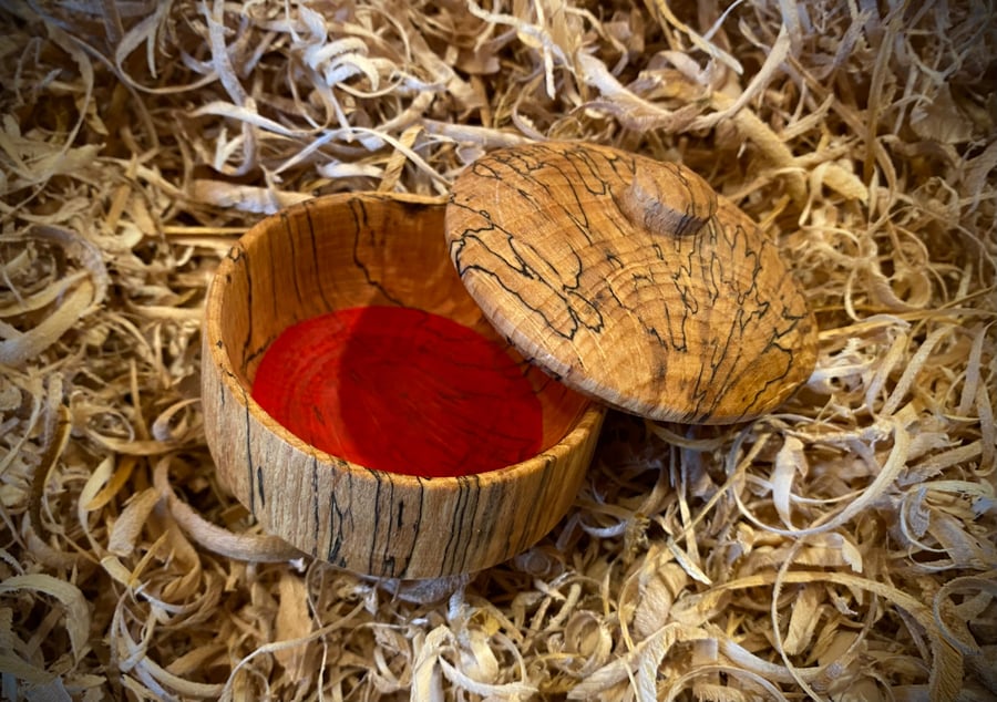 End Grain Spalted Beech Lidded Pot with red interior.