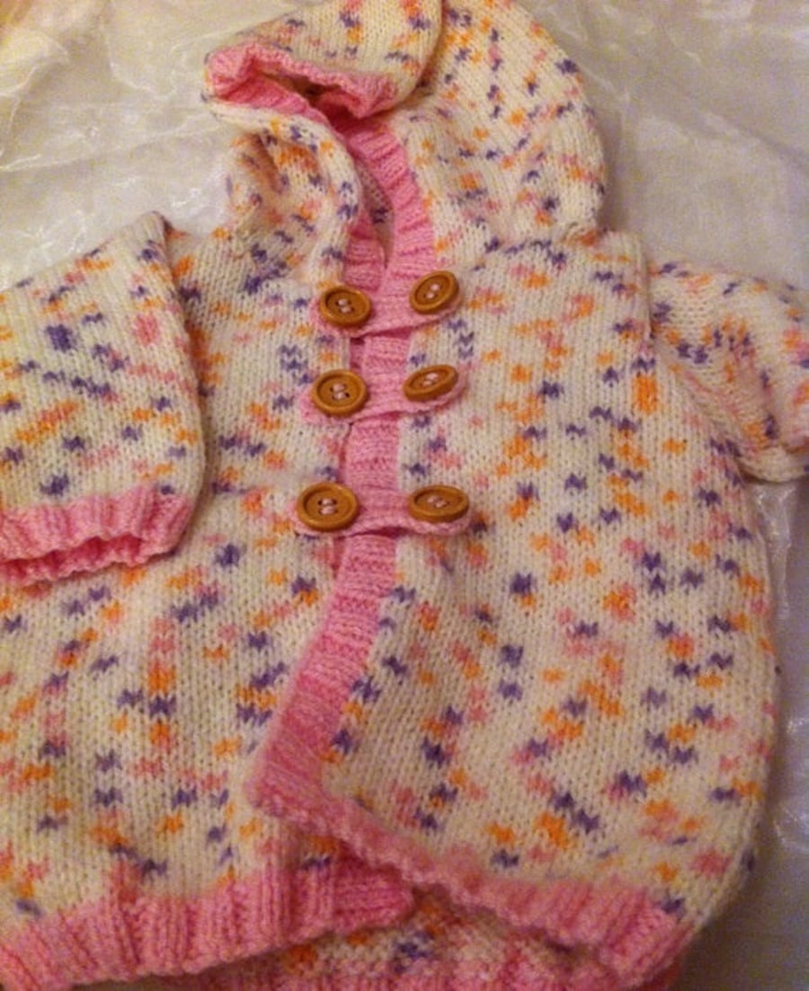 Pink spotted knitted hooded baby cardigan