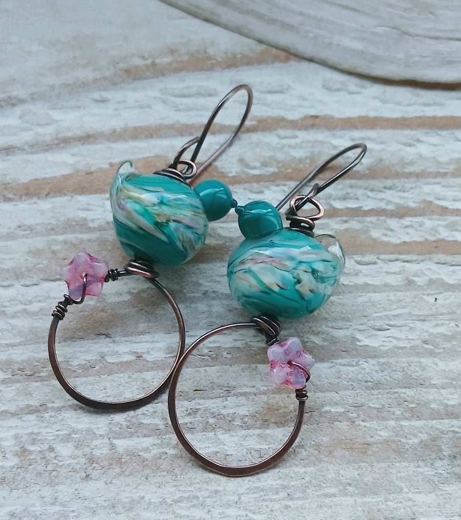 Copper Lampwork Bird Earrings 