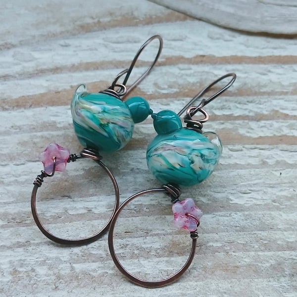 Copper Lampwork Bird Earrings 