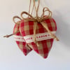 Pair hanging hearts Laura Ashley raspberry check with kind words