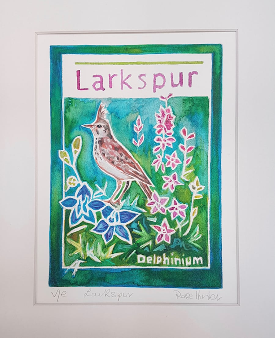 Larkspur  - original hand painted lino print 007