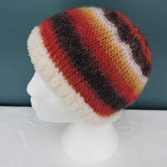 Colourful Beanie Hat for Adults Chunky Yarn Red Brown Ochre Cream