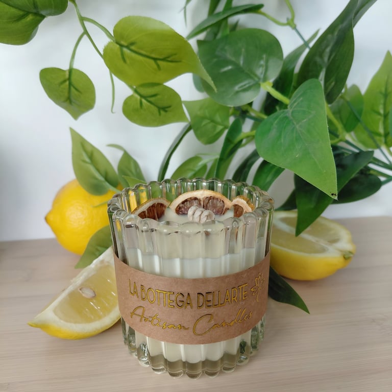 Artisan Sparkling Lemon Soy Wax Candle Ribbed Glass Jar Botanical Gift